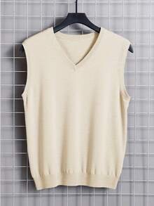 Chaleco de punto de unicolor para hombre GRDR, casual y versátil - Beis - Ver 7