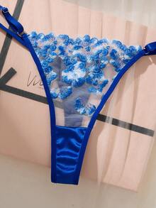 2-Piece Women's Embroidered Floral Deep Sea Blue Bra Set, Playful And Cute Short Top And Thong, Comfortable Home Wear Women's Lingerie Two Pieces Set