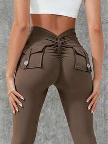 YEOREO Leggings With Pockets For Women V Back Scrunch Workout Leggings Tummy Control Butt Lifting Gym Yoga Leggings Yoga Pants For Women Winter Clothes For Women Black Pants - 咖啡棕 - 查看 1