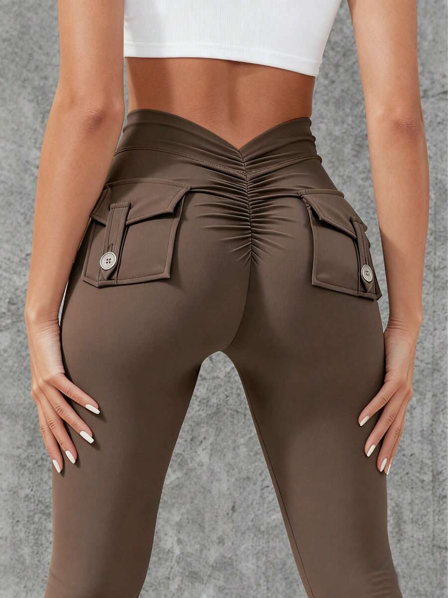YEOREO Leggings With Pockets For Women V Back Scrunch Workout Leggings Tummy Control Butt Lifting Gym Yoga Leggings Yoga Pants For Women Winter Clothes For Women Black Pants - 咖啡棕 - 查看 1