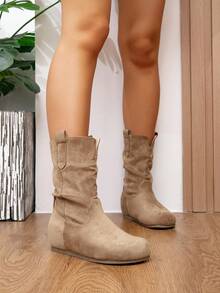 Botas femininas vintage de cano curto com salto de 8,9 cm (3,5 polegadas), bico redondo, estilo western, para outono/inverno. - Caqui - Ver 4
