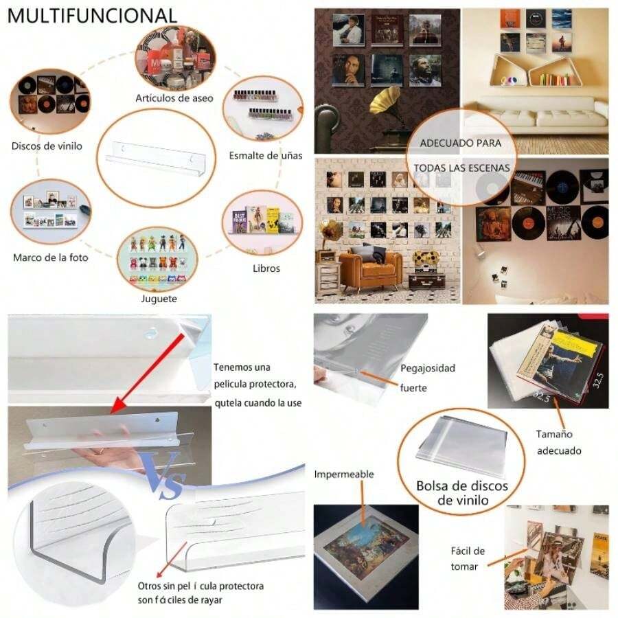 8PCS Estante para Discos de Vinilo, Estantes Acrlicos Transparentes para Almacenamiento, Estantes flotantes, Soporte de Pared de Acrlico Transparente de 12 Pulgadas para Discos, para Dormitorio, Bao - inicial - Ver 1