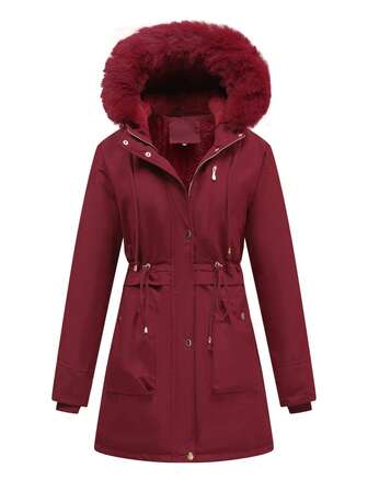 Kurtka termiczna damska w dużym rozmiarze, z podszewką, w jednolitym kolorze, średniej długości, z kapturem, zapinana na suwak i ściągaczem w pasie, odpowiednia na zewnątrz, na kemping i piesze wycieczki