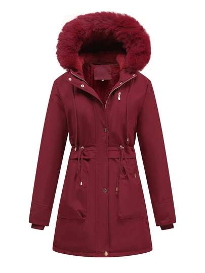 Plus size dames thermisch gevoerd jack, effen kleur, middellange capuchon, ritssluiting en getailleerde taille, geschikt voor buiten, kamperen en wandelen