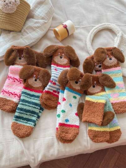 1 Pair Random Winter Striped Plush Socks, Thick Coral Fleece Sleep Socks With Cute 3D Puppy Ear Design