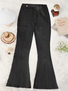 Apperloth A 高腰弹力接缝纽扣细节喇叭腿 PU 皮裤朋克音乐节 - 黑色 - 查看 7