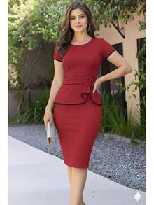 Red White Midi Dress With Bow And Bow, Wholesale Promotion - 紅色 - 查看 3