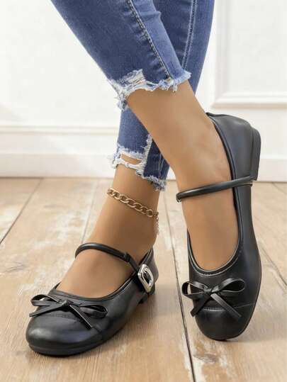Zapatos planos elegantes para mujer con decoración de lazo, bailarinas Mary Jane, puntera redonda, cómodos, moda con hebilla, slip-on casual, versátiles, suela blanda antideslizante, elegantes para fiesta, oficina, mocasines negros de alta gama