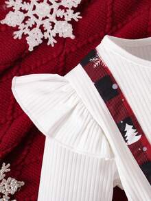 Christmas Girls Ruffle Bow Dress, Snowman Candy Cane Christmas Tree Print Dress - White - View 5