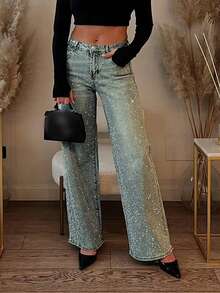 New Fashion European And American Style Women's Loose Straight Leg Full Rhinestone Embellished Denim Maxi Pants Casual - Light Wash - View 4