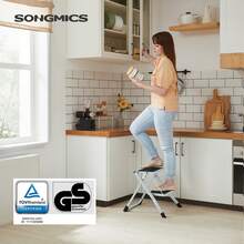 SONGMICS 2-Step Ladder, Folding Ladder, Safety Lock, Space-Saving Storage, White And Black - White - View 1