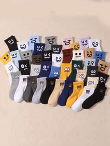 10 Pairs Kids' Random Solid Color Cute Expression Casual Mid-Calf Socks