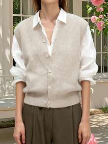 Women's Knit Sweater Vest Fashionable Versatile Solid Color Sleeveless V Neck Button Down Cardigans - Light Grey - View 4