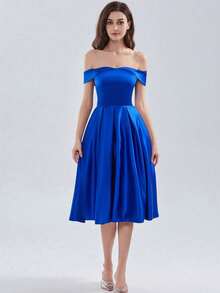 Sexy Off Shoulder Backless Satin Midi Evening Dress With Pleats For Bridal Shower Guests Lace Up Back Simple Satin Prom Dresses - Royal Blue - View 1