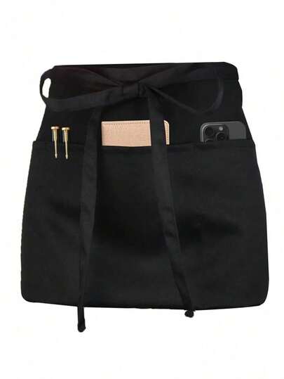 1 pieza Delantal de cintura negro, adecuado para camareros/camareras, con 3 bolsillos, también adecuado para el hogar, la vida diaria, la limpieza, se puede usar como ropa de protección