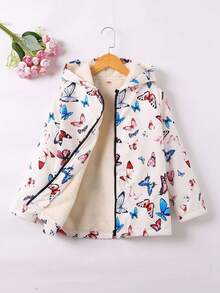 [Random Print Pattern] Girls Fashion Casual Butterfly Digital Print Hooded Long Sleeve Fleece Jacket, Versatile Elegant Sweet Outerwear For Older Young Girl, Autumn/Winter - White - View 1