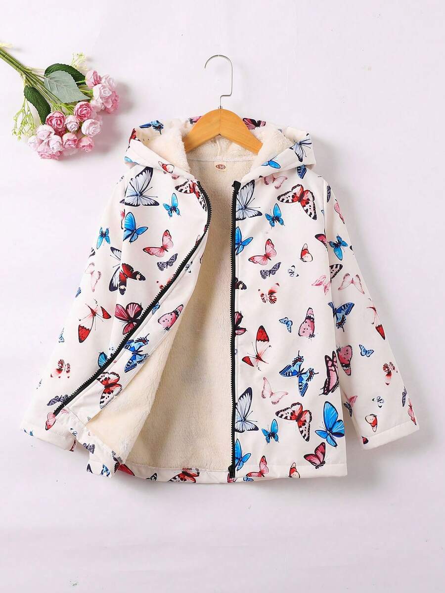 [Random Print Pattern] Girls Fashion Casual Butterfly Digital Print Hooded Long Sleeve Fleece Jacket, Versatile Elegant Sweet Outerwear For Older Young Girl, Autumn/Winter - White - View 1