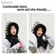 Nouveau set hiver en peluche, bonnet et écharpe avec masque amovible, doublure thermique, protection des oreilles, coupe-vent, disponible en plusieurs couleurs, motif à carreaux classique. Convient pour le cyclisme, le camping, le ski, la randonnée, la pêche et les sports en plein air par temps froid. - Multicolore - Voir 3