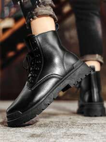 New High-Top Fashion Men's Boots, Lace-Up Leather Upper With Side Zipper Design, Thick Sole, Anti-Slip, Suitable For Outdoor, Hiking, Work, Snow Boots