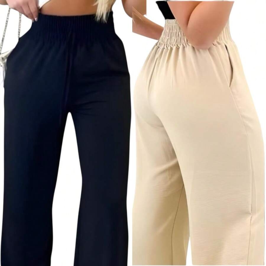 Women's Polyester Wide Leg Long Trousers With Pockets, Medium Stretch Fabric - Black + Beige - View 1