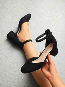 Women's Ankle Strap Chunky Heel Pumps Closed Round Toe Low Block Heels Elegant Simple Wedding Office Party  Dress Shoes - 黑色絨面革 - 查看 3