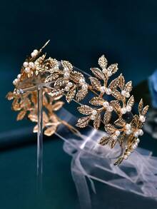 1 件优雅合金叶子和人造珍珠装饰腰带，适合圣诞节、节日派对礼服、冬季婚礼、生日、日常穿着，女士腰饰 - 金色 - 查看 7