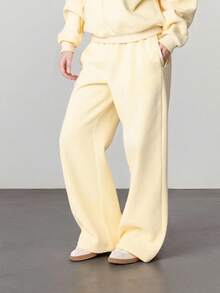 Women's Track Pants Elastic Waist Solid Color Causal Wide Leg Lounge Trousers With Pockets - Butter Yellow - Xem 2