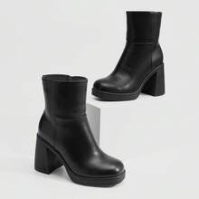 Athlefit Women's Block Heel Ankle Boots - Thick Platform Square Toe Dress Booties With Non-Slip Sole - 黑色 - 查看 1