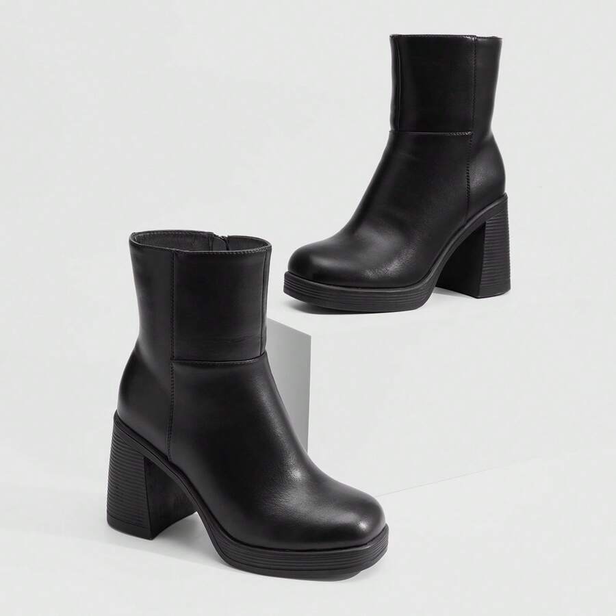 Athlefit Women's Block Heel Ankle Boots - Thick Platform Square Toe Dress Booties With Non-Slip Sole - 黑色 - 查看 1