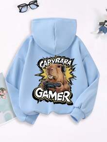 1PC Teen Boy Fun Gaming Capybara Hooded Sweatshirt, Y, Spring Autumn School Activities Personalized Style - Blue - View 3