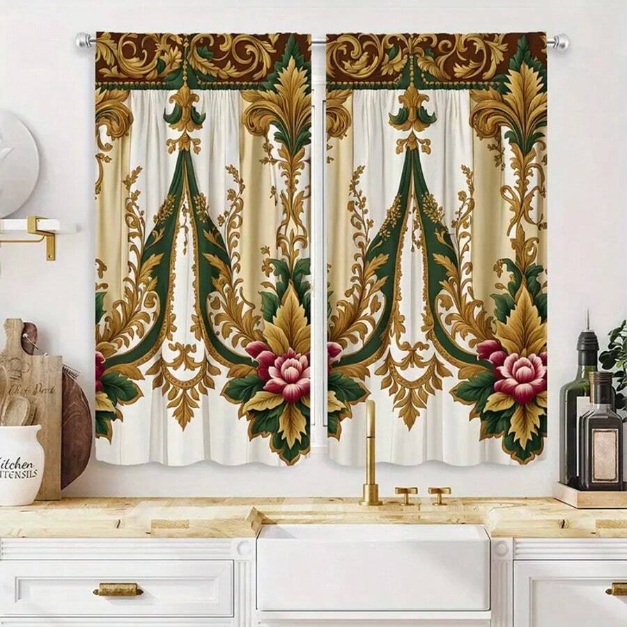 2 buc perdele de lux cu model floral auriu și verde, perdele în stil american, perdele imprimate din fibră de poliester, potrivite pentru camere de zi, perdele lavabile la mașină, perdele cu buzunare la bară
