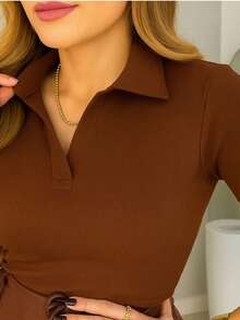 Blouse T-Shirt Polo Neck Women's Fashion Basic Casual Ribana Premium - Rỉ Nâu - Xem 2