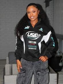 Steph T Women's Fall /Winter Streetwear Going Out Sportswear Athleisure Back To School Casual Color-Blocked Letter Print Long Sleeve Black Sweatshirt - Black - View 6