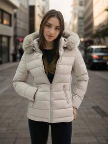 Jachetă de damă cu glugă și mânecă lungă, casual, blană artificială, buzunare cu fermoar, lungime normală, imprimeu integral, haină de iarnă călduroasă