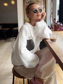 FOR BEAUTY Women's Spring/Autumn/Winter New Knitted Pullover, Simple And Elegant Casual Style, White Round Neck Long Sleeve Sweater New Year