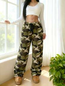 复古宽松抓绒迷彩女裤，休闲家居服，冬季保暖，蓬松舒适 - 彩色 - 查看 5