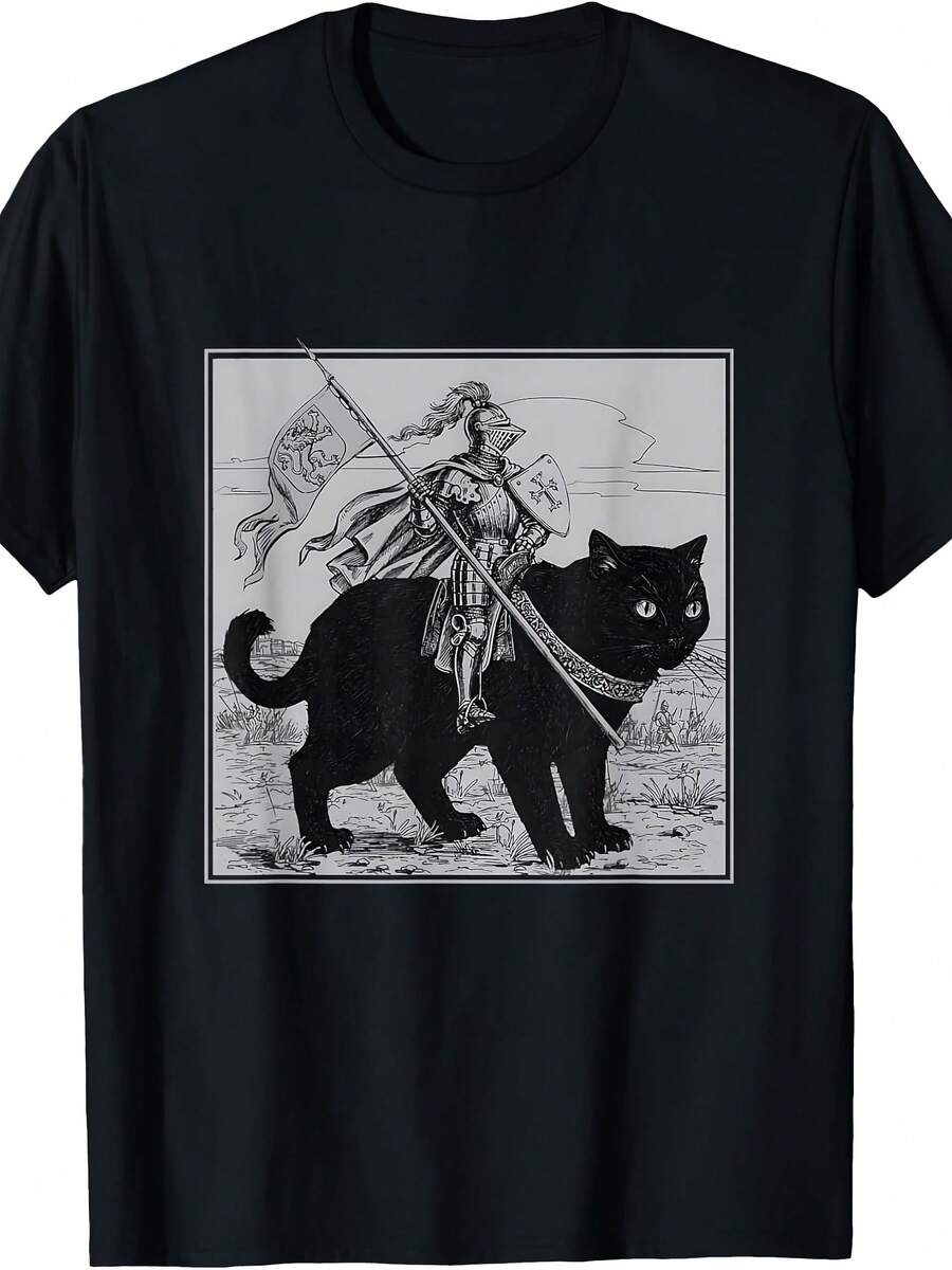 Knight Cat Rider Vintage 90s Medieval Knight Riding Cat T-Shirt - Style 1 - View 1