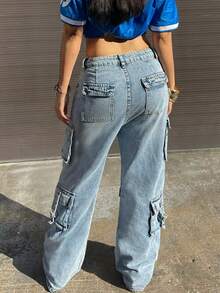 Women's Heavy Craftsman Large Pockets Wide Leg Straight Pants Spring Casual - Light Wash - View 1