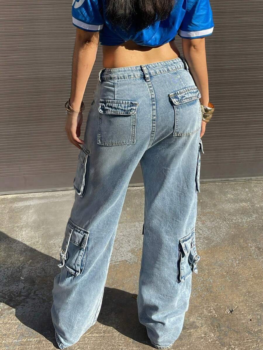 Women's Heavy Craftsman Large Pockets Wide Leg Straight Pants Spring Casual - Light Wash - View 1