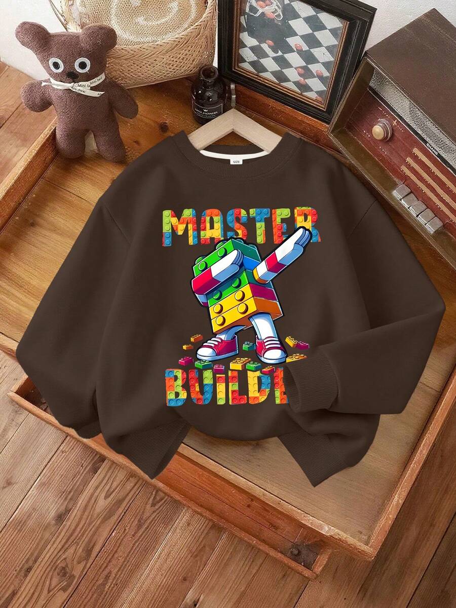 Tween Boy Casual Simple Cool Building Block Robot Pattern Pullover Round Neck Long Sleeve Sweater Autumn And Winter New Boys Clothes Kids - Brown - View 1