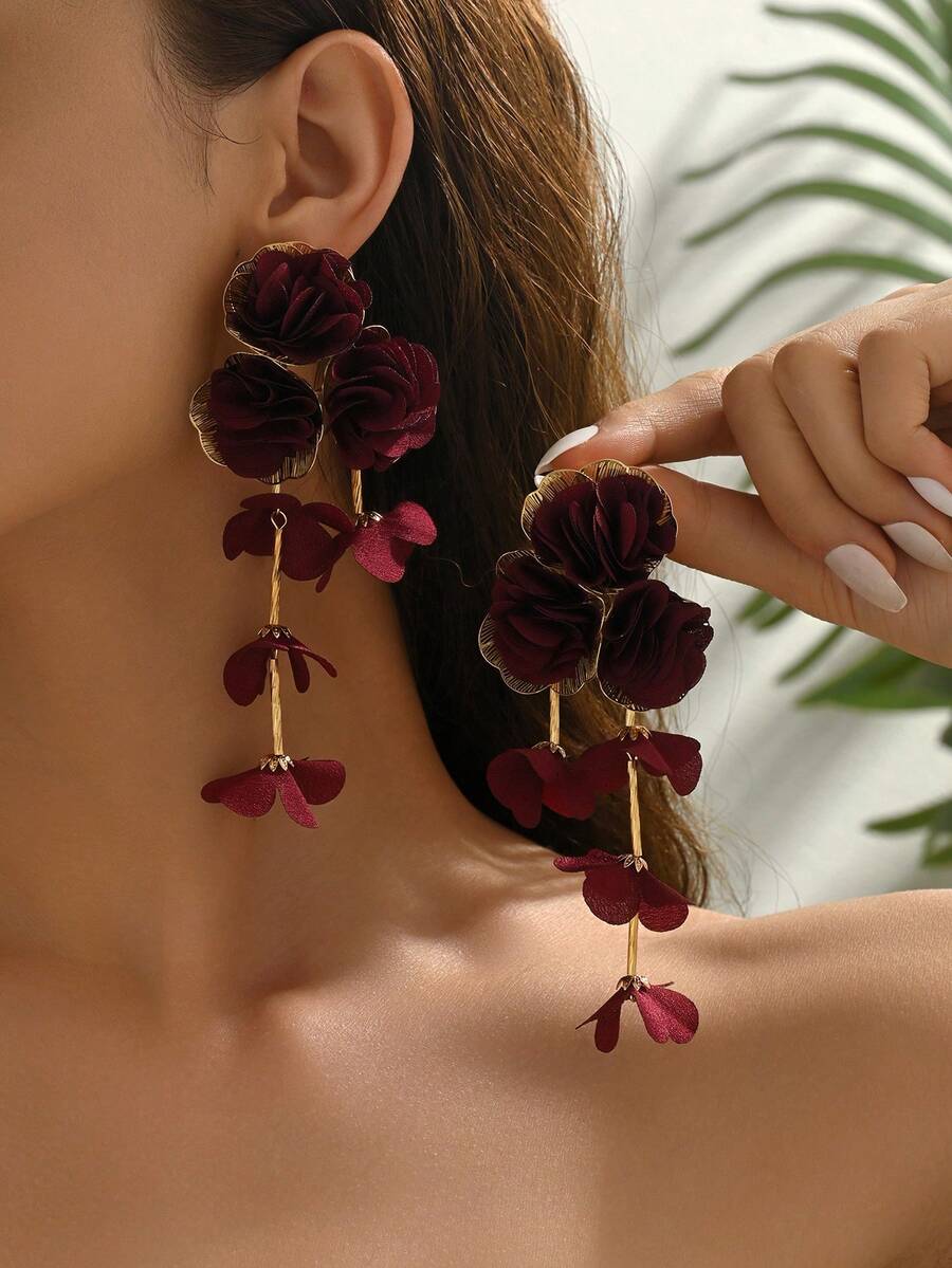 1对时尚夸张花朵流苏耳环，酒红色雪纺波西米亚海滩度假风轻盈奢华多层花朵耳环，适合女性日常、派对和假日佩戴（手工制作，可能存在轻微胶水痕迹） - 酒紅色 - 查看 1
