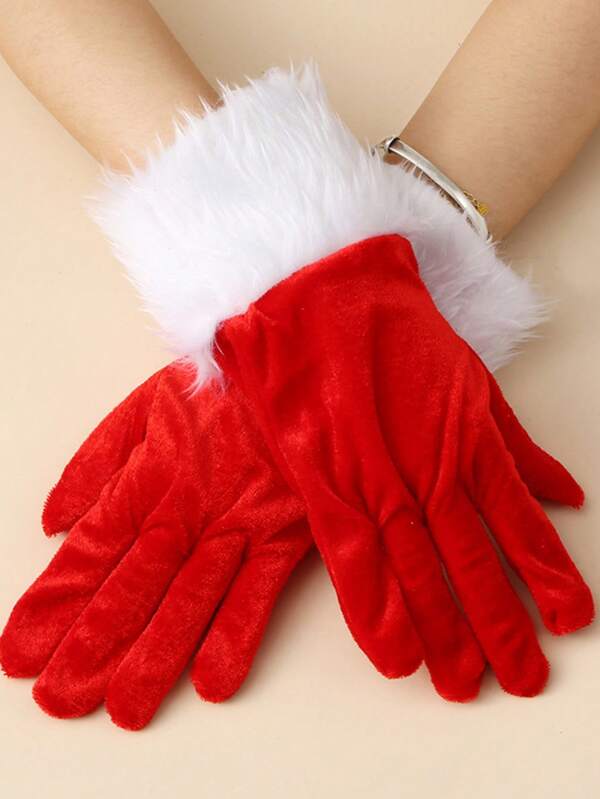 1 Pair Christmas Plush Red Gloves, Short Santa Claus Costume Fingerless Gloves, Party Cosplay Accessory Suitable For Women And Men, Holiday Gift