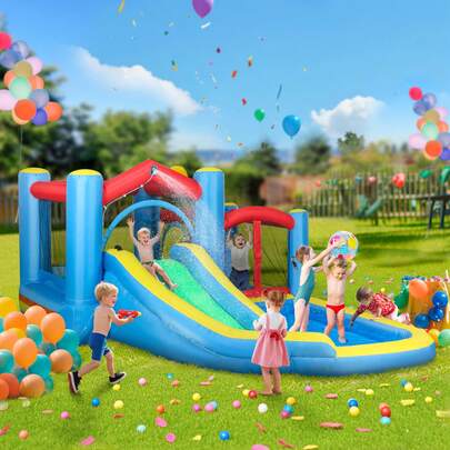QABA 12.6 X 9.5FT Bouncy Castle For Kids, 5 In 1 Inflatable Bounce House With Water Slide And 2 Splash Pools, Outdoor Backyard Water Park With Blower, Basketball Hoop, Dart Board