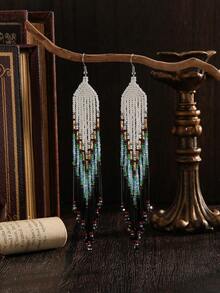 Boucles d'oreilles bohèmes à pampilles et perles, style vintage, style autochtone et gothique, perles de rocaille multicolores, formes géométriques, pendentif à long pampille ombré, accents de cristaux artificiels, boucles d'oreilles en perles tissées à la main, accessoire élégant et à la mode, idéal pour les femmes, les couples, les vacances, les fêtes, au quotidien, un cadeau idéal pour elle.