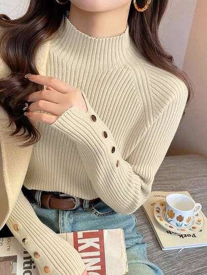 Women's High Neck Knit Sweater, Elegant And Stylish Layering Top, Long Sleeve, Autumn/Winter