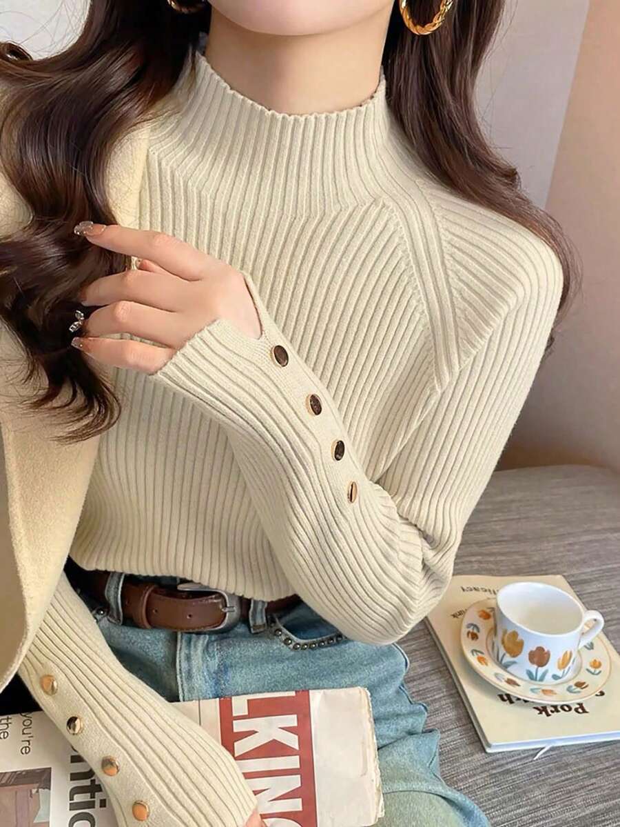 女式高领针织毛衣,优雅时尚的分层上衣,长袖,秋冬 - 杏色 - 查看 1