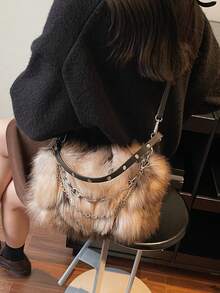 1 geantă de umăr pentru femei, din blană artificială, cu buline, culoare cafea, ombre, cu lanț, la modă pentru toamnă/iarnă