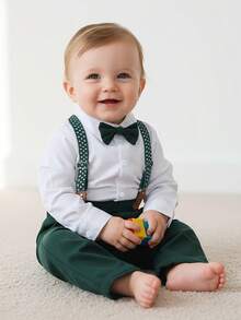 BOARNSEORL 2pcs Baby Boys Gentleman Outfit Set, Long Sleeve Shirt With Bowknot And Suspender Pants, Fashionable For Birthday Party, Wedding, Christmas - Dark Green - View 1