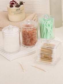 Caja de almacenamiento transparente para el baño, 4 paquetes de cajas de almacenamiento para el baño con tapa, soporte cuadrado pequeño para hisopos, diseño apilable, perfecto para almacenar hilo dental, sales de baño, bolas, etc.