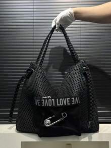Bolso de hombro de mujer estilo streetwear Y2K, de nailon con parches, de gran capacidad, con decoración de remaches, bolso cruzado con cierre de cremallera, de unicolor, bolso de hombro de moda para uso diario, diseño de múltiples compartimentos, correa desmontable, cartera de mujer, adecuado para uso diario, fiesta, viajes, un elegante regalo de moda para vacaciones - Negro - Ver 8